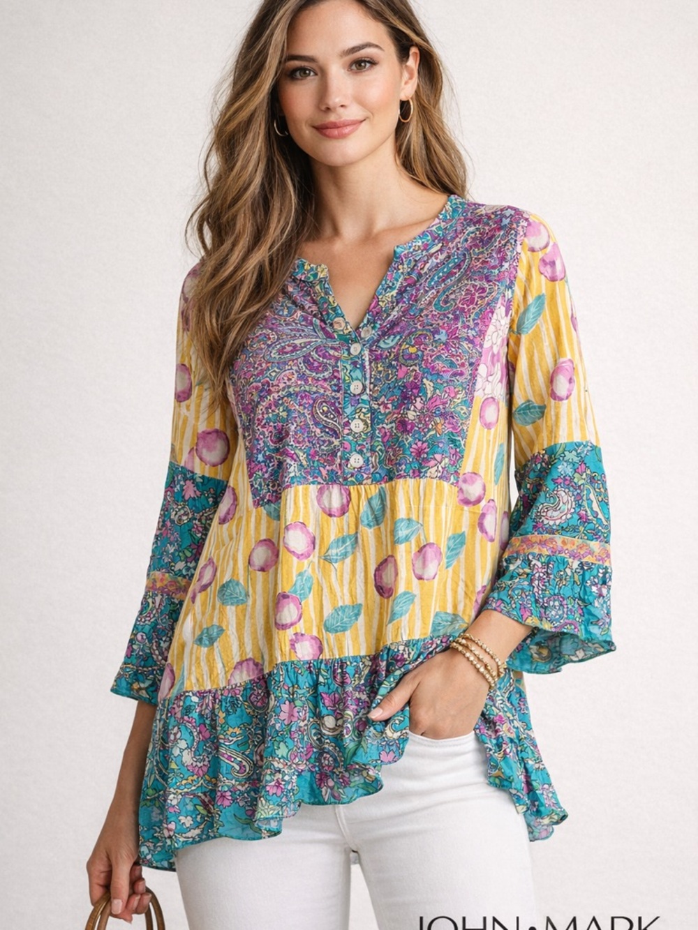 NWT John Mark Mixed Print Boho Tunic Blouse Size Medium